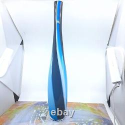 Hand Blown Murano Style Tall Candy Striped Art Glass Vase 23H Black White Blue