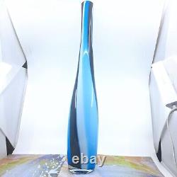 Hand Blown Murano Style Tall Candy Striped Art Glass Vase 23H Black White Blue