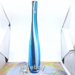 Hand Blown Murano Style Tall Candy Striped Art Glass Vase 23H Black White Blue