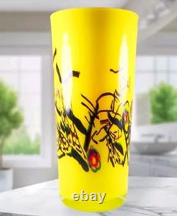 Hand Blown Murano Style Yellow Splash Millefiori Design Art Glass Vase 12 Tall