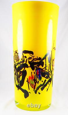 Hand Blown Murano Style Yellow Splash Millefiori Design Art Glass Vase 12 Tall