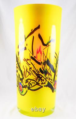 Hand Blown Murano Style Yellow Splash Millefiori Design Art Glass Vase 12 Tall