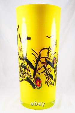 Hand Blown Murano Style Yellow Splash Millefiori Design Art Glass Vase 12 Tall