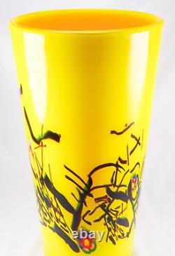 Hand Blown Murano Style Yellow Splash Millefiori Design Art Glass Vase 12 Tall