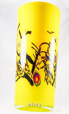 Hand Blown Murano Style Yellow Splash Millefiori Design Art Glass Vase 12 Tall