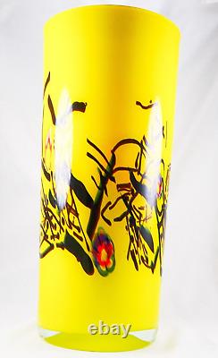 Hand Blown Murano Style Yellow Splash Millefiori Design Art Glass Vase 12 Tall