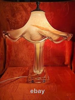 Hand Blown Murano-style, Pink Glass Table Lamp With Ruffled Shade