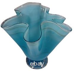 Hand Blown Ocean Waves Gradient Blue Art Glass Pedestal Vase Murano Vintage MCM