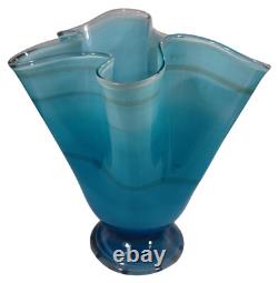 Hand Blown Ocean Waves Gradient Blue Art Glass Pedestal Vase Murano Vintage MCM