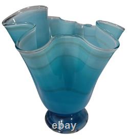 Hand Blown Ocean Waves Gradient Blue Art Glass Pedestal Vase Murano Vintage MCM