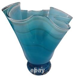 Hand Blown Ocean Waves Gradient Blue Art Glass Pedestal Vase Murano Vintage MCM