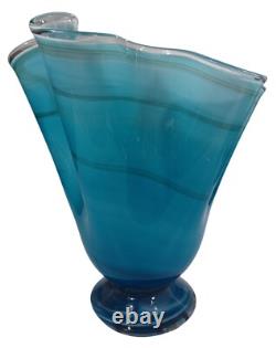 Hand Blown Ocean Waves Gradient Blue Art Glass Pedestal Vase Murano Vintage MCM