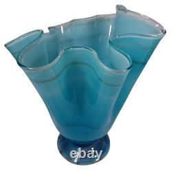 Hand Blown Ocean Waves Gradient Blue Art Glass Pedestal Vase Murano Vintage MCM