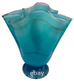 Hand Blown Ocean Waves Gradient Blue Art Glass Pedestal Vase Murano Vintage MCM