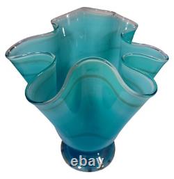Hand Blown Ocean Waves Gradient Blue Art Glass Pedestal Vase Murano Vintage MCM
