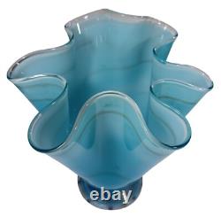 Hand Blown Ocean Waves Gradient Blue Art Glass Pedestal Vase Murano Vintage MCM