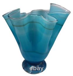 Hand Blown Ocean Waves Gradient Blue Art Glass Pedestal Vase Murano Vintage MCM