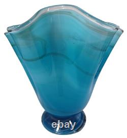Hand Blown Ocean Waves Gradient Blue Art Glass Pedestal Vase Murano Vintage MCM