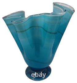 Hand Blown Ocean Waves Gradient Blue Art Glass Pedestal Vase Murano Vintage MCM
