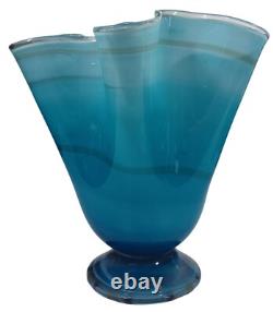 Hand Blown Ocean Waves Gradient Blue Art Glass Pedestal Vase Murano Vintage MCM