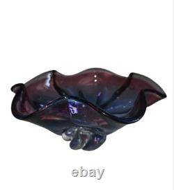 Hand Blown Venetian Compote Bowl Murano Art Glass Point Blue Amethyst Ruffle VTG