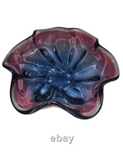 Hand Blown Venetian Compote Bowl Murano Art Glass Point Blue Amethyst Ruffle VTG