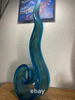 Hand-blown Italian Murano style art glass abstract ribbon or wave sculpture Blue