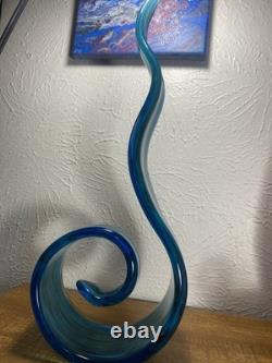 Hand-blown Italian Murano style art glass abstract ribbon or wave sculpture Blue