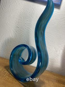 Hand-blown Italian Murano style art glass abstract ribbon or wave sculpture Blue