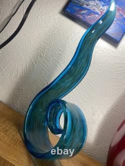 Hand-blown Italian Murano style art glass abstract ribbon or wave sculpture Blue