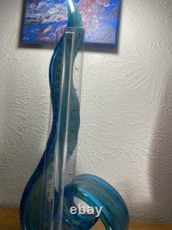 Hand-blown Italian Murano style art glass abstract ribbon or wave sculpture Blue