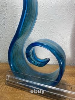 Hand-blown Italian Murano style art glass abstract ribbon or wave sculpture Blue