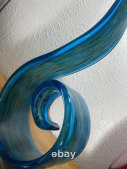 Hand-blown Italian Murano style art glass abstract ribbon or wave sculpture Blue