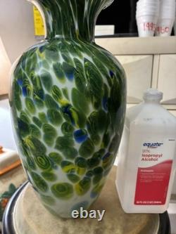 Hand blown Murano Art Glass Vase 12 in Green Blue White Swirl Glossy