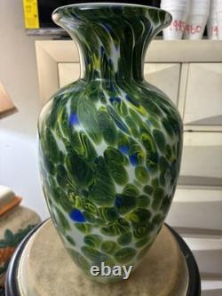 Hand blown Murano Art Glass Vase 12 in Green Blue White Swirl Glossy