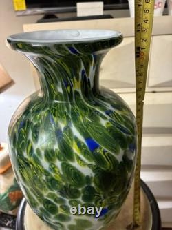 Hand blown Murano Art Glass Vase 12 in Green Blue White Swirl Glossy