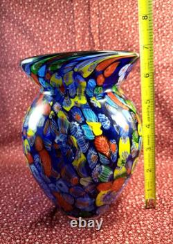 Hand-blown Murano Glass Vase Cobalt Blue Millefiori Thousand Flowers 6.75×5