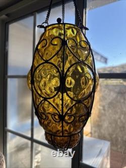 Hand blown Murano Lamp Caged Glass Amber Vintage Lantern