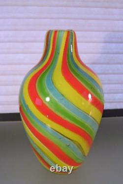 Heavy Murano Striped Studio Art Glass Vase Hand Blown