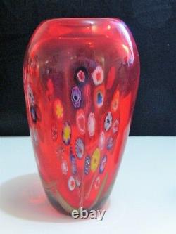 Heavy Red Multi Colored Millefiori Art Glass Vase Murano