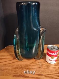 Heavy beautiful blue hand blown Murano style crystal vase 9.10 lbs 13.75 tall