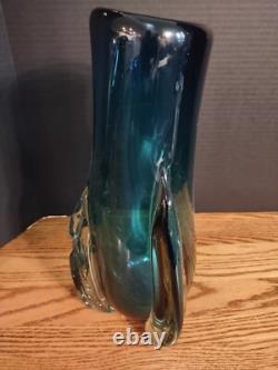 Heavy beautiful blue hand blown Murano style crystal vase 9.10 lbs 13.75 tall