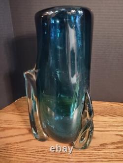 Heavy beautiful blue hand blown Murano style crystal vase 9.10 lbs 13.75 tall