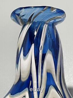 Htf Murano Hand Blown Blue White Swirls 7.5 Beautiful Art Glass Vase