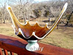 Huge 18.5 MCM Hand Blown Murano Style Honey Gold Glass Centerpiece Bowl Lattimo