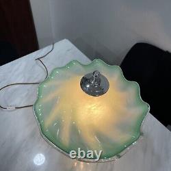 Italian Hand Blown Murano Green Glass Rippled Swirl Table Lamp & Ruffled Shade