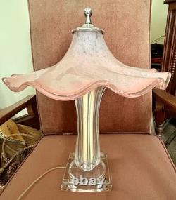 Italian Hand Blown Murano Pink Glass Rippled Swirl Table Lamp & Ruffled Shade