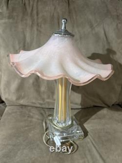 Italian Hand Blown Murano Pink Glass Rippled Swirl Table Lamp & Ruffled Shade