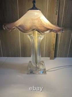 Italian Hand Blown Murano Pink Glass Rippled Swirl Table Lamp & Ruffled Shade