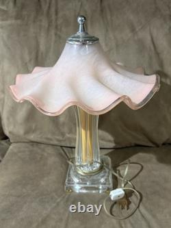 Italian Hand Blown Murano Pink Glass Rippled Swirl Table Lamp & Ruffled Shade